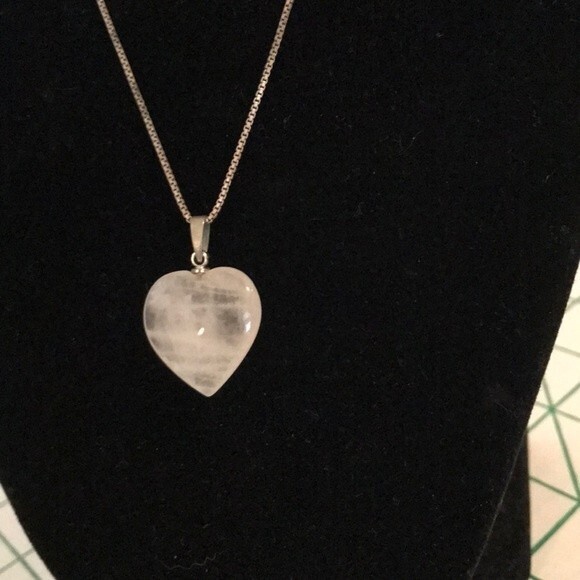 Sterling Silver Box Chain Rose Quartz Pink Heart Pendant Necklace 16 Inch - Picture 2 of 8